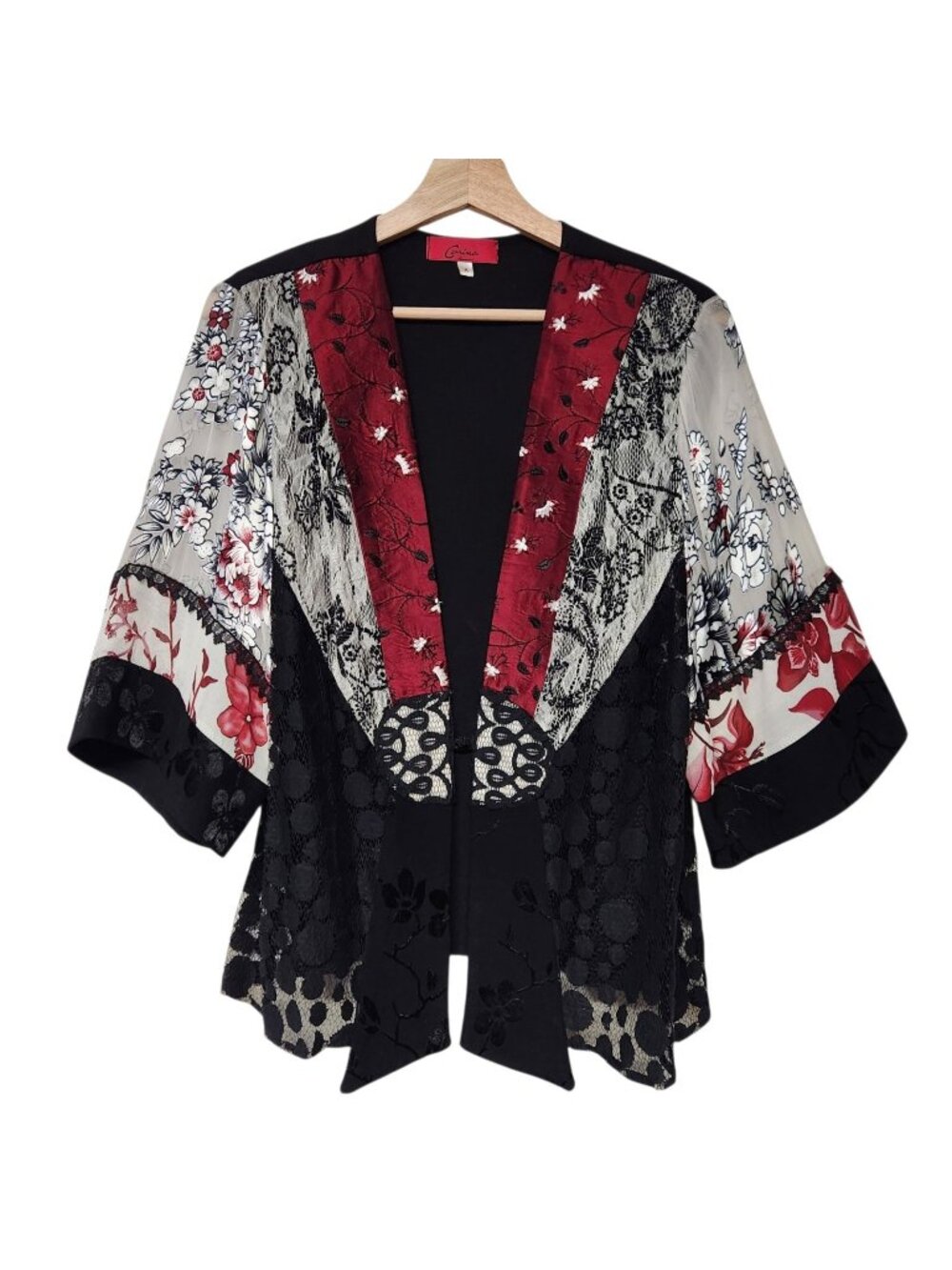 Vintage Carina Floral Patchwork Kimono Jacket Embroidered Lace Black Red Medium